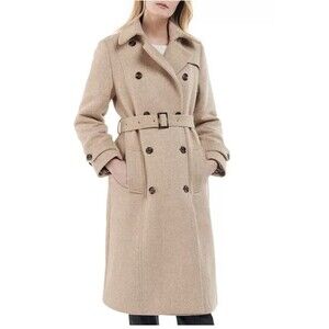 Barbour Aubrey Belted Herringbone Womans Sz 12 Double Breasted Wool Trench Coat